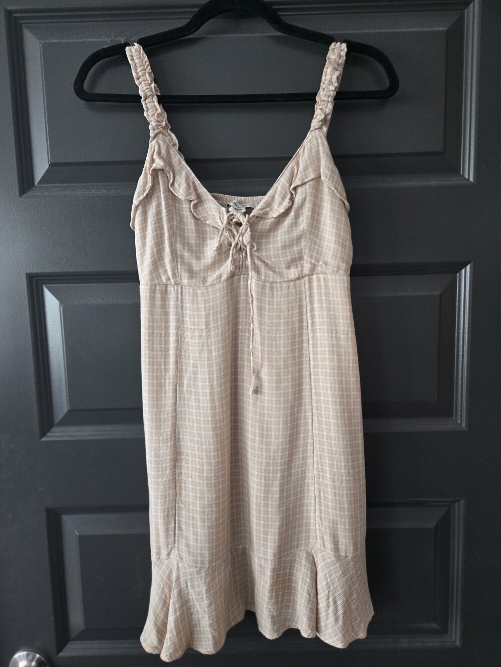 American Eagle Outfitters Beige Plaid Lace-Up Dress